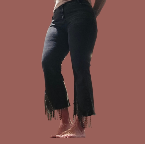 Blue B Collection Women's Black Beaded Fringe High-Waist Flared Jeans Size L - Picture 4 of 10